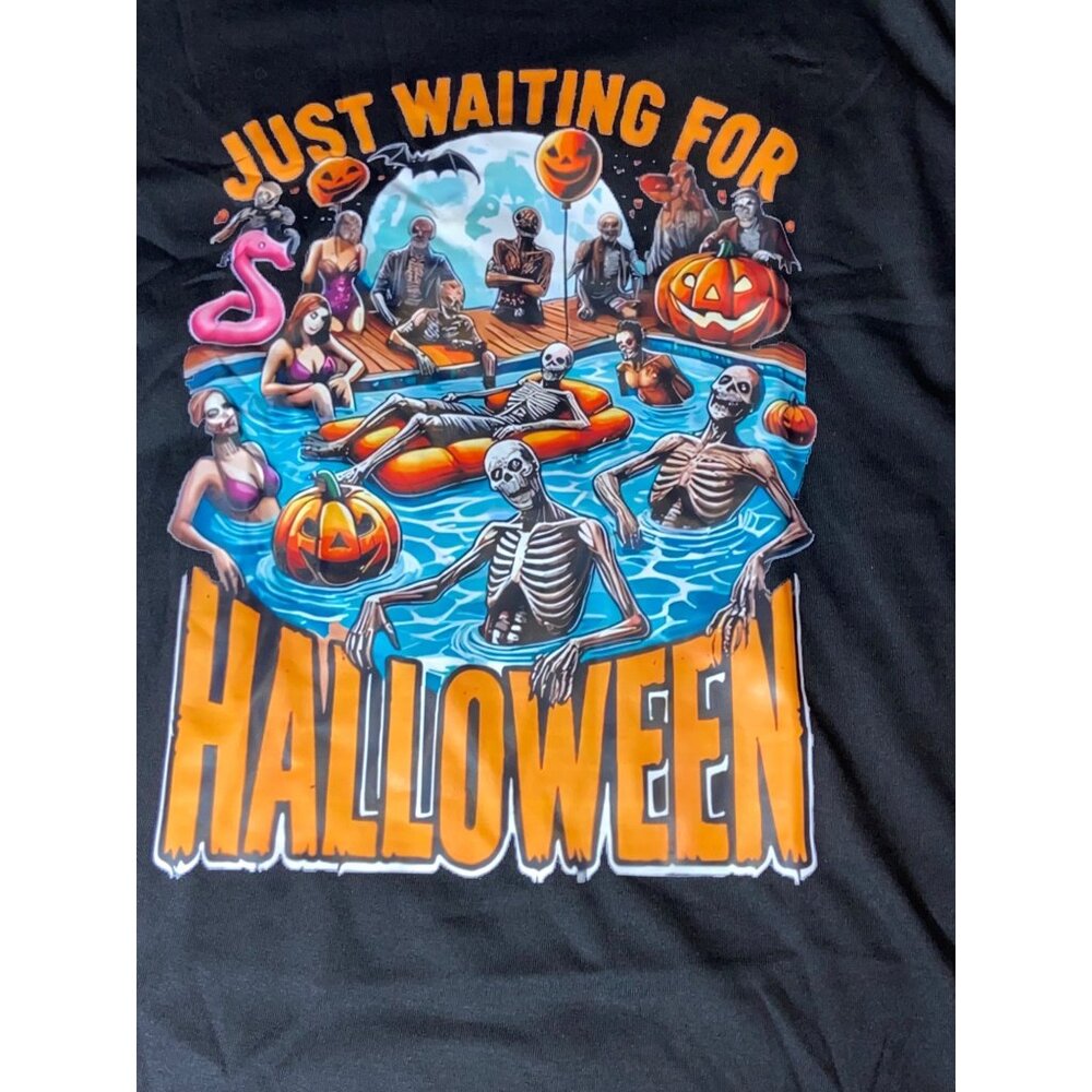 Just Waiting For Halloween Black Graphic T-Shirt S Skeleton Pool Party Design Co